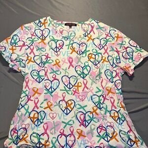 Flex Scrub Top 2XL White Awareness Ribbon Peace Heart Print V-Neck Short Sleeve